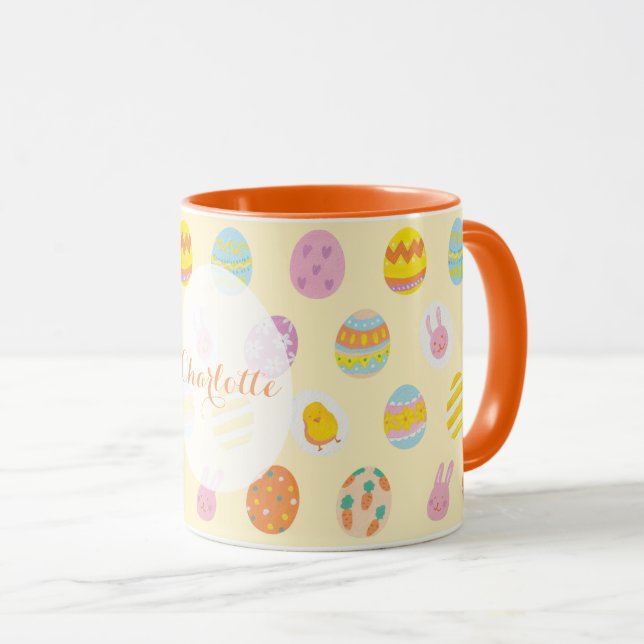 Cute Yellow Easter Egg Pattern Personalised Name Mug (Front Right)