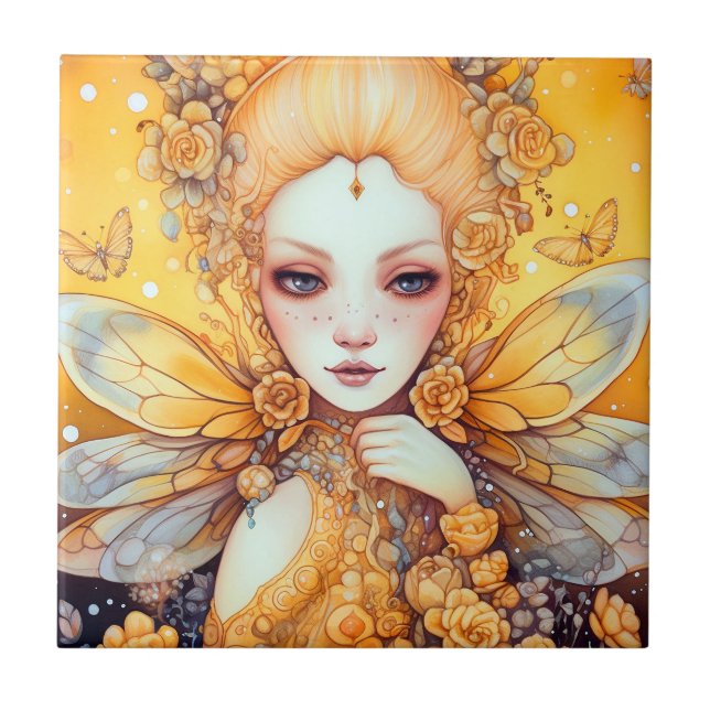 Cute Yellow Fairy Fantasy Art Tile (Front)