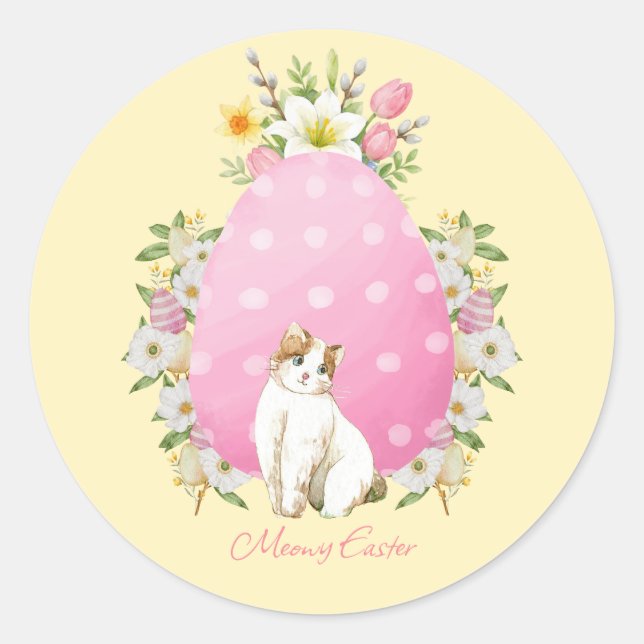 Cute Yellow Floral Easter Cat Classic Round Sticker (Front)