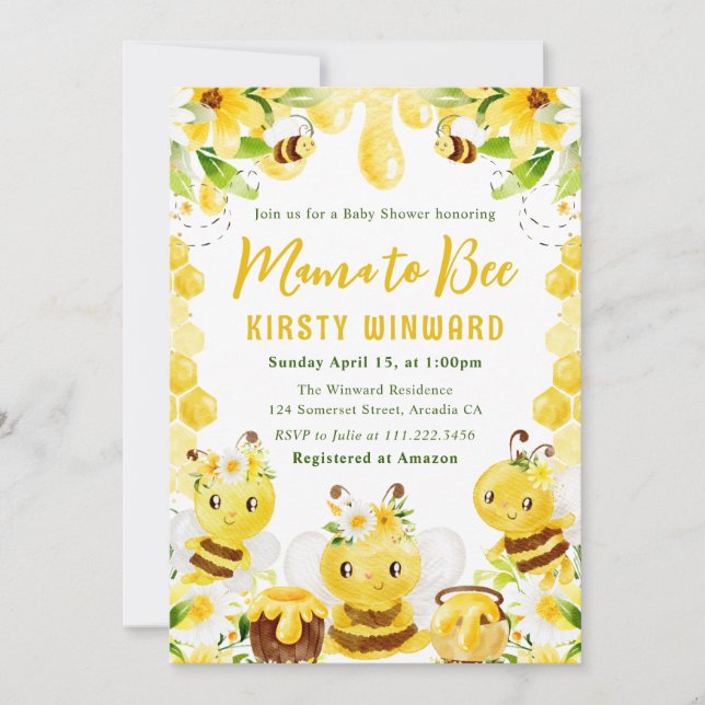 Cute Yellow Floral Honey Bees Baby Shower Invitation (Front)
