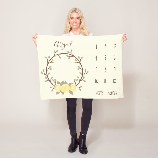 Cute Yellow Floral Wreath Baby Milestone Fleece Blanket (In Situ)