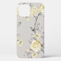 cute yellow flowers with grey leaves pattern on gr