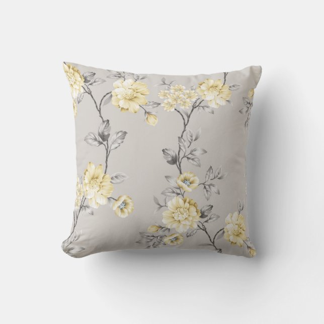 cute yellow flowers with grey leaves pattern on gr cushion (Front)