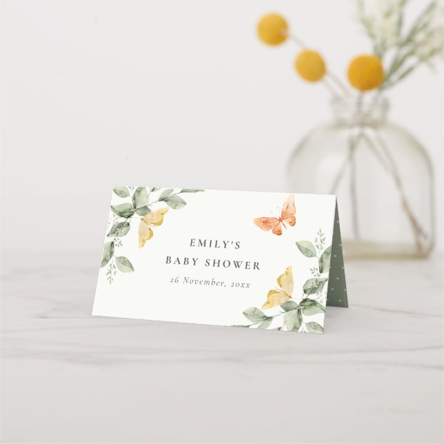 Cute Yellow Garden Foliage Butterflies Baby Shower Place Card (Front)