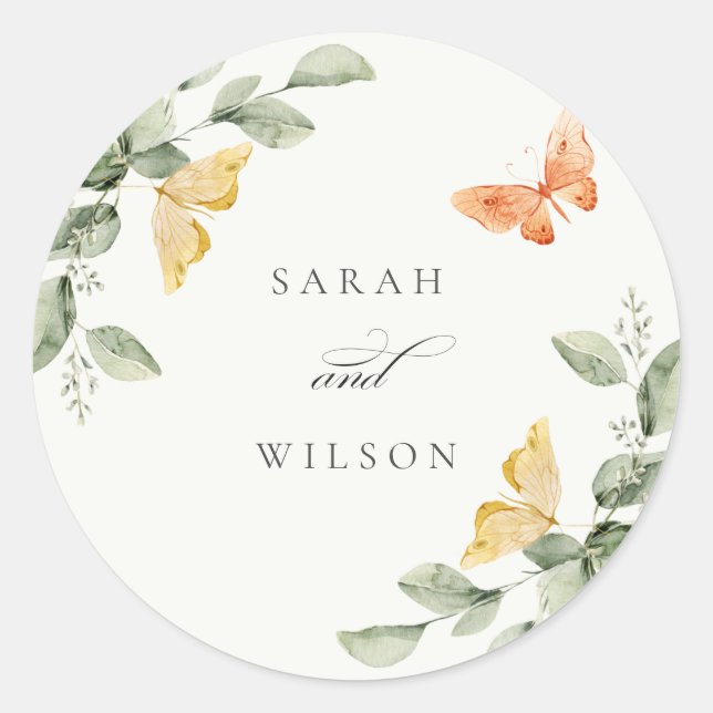 Cute Yellow Garden Foliage Butterflies Wedding Classic Round Sticker (Front)