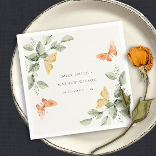 Cute Yellow Garden Foliage Butterflies Wedding Napkin