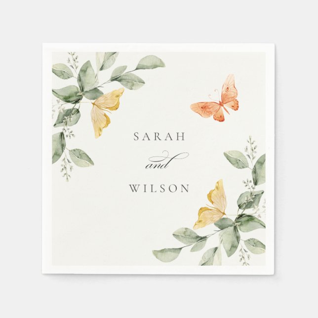 Cute Yellow Garden Foliage Butterflies Wedding Napkin (Front)