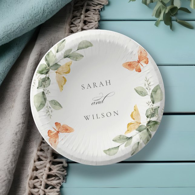 Cute Yellow Garden Foliage Butterflies Wedding Paper Plate (Creator Uploaded)