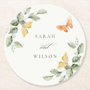 Cute Yellow Garden Foliage Butterflies Wedding Round Paper Coaster