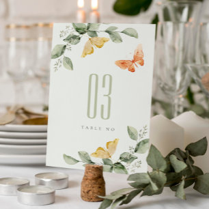 Cute Yellow Garden Foliage Butterflies Wedding Table Number