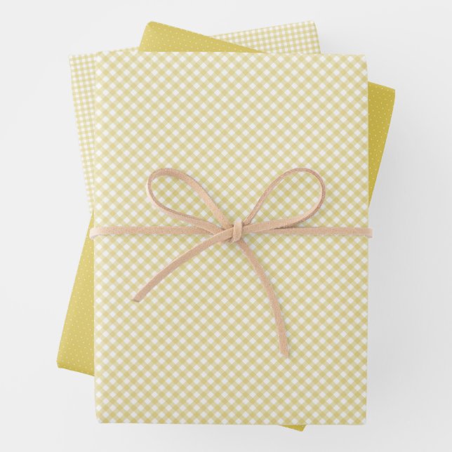 Cute yellow gingham and dots simple classic baby wrapping paper sheet (In situ)