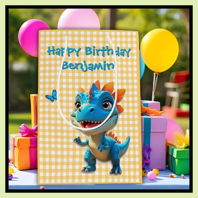 Cute Yellow Gingham Blue Dinosaur Boy Birthday Medium Gift Bag (Creator Uploaded)