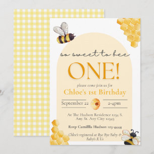 Cute Yellow Gingham So Sweet To Bee 1st Birthday  Invitation