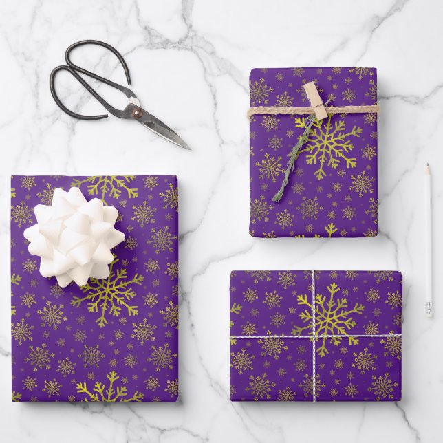 Cute Yellow Gold Christmas Snowflakes on Purple Wr Wrapping Paper Sheet (Front)
