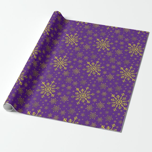 Cute Yellow Gold Christmas Snowflakes on Purple Wrapping Paper (Unrolled)
