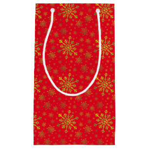 Cute Yellow Gold Christmas Snowflakes on Red   Small Gift Bag