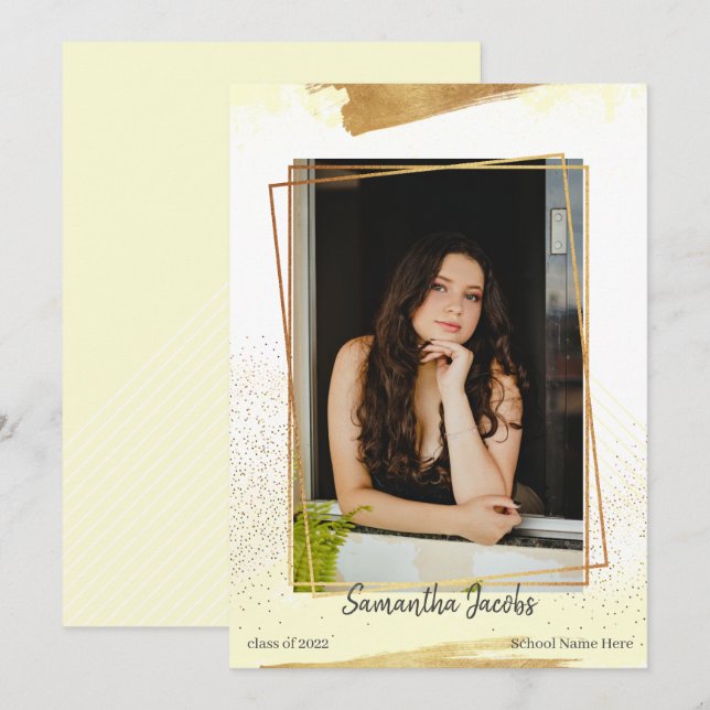 Cute Yellow & Gold Framed Graduation Announcement (Front/Back)