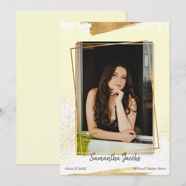 Cute Yellow & Gold Framed Graduation Announcement (Front/Back)