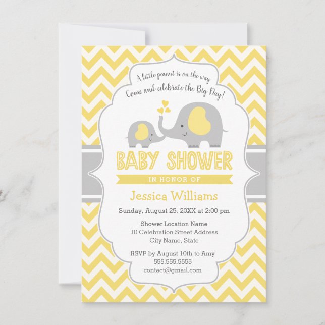 Cute Yellow Grey Elephant Neutral Baby Shower Invitation (Front)