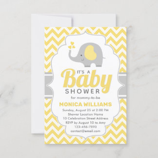 Cute Yellow Grey Elephant Neutral Baby Shower Invitation