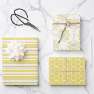 Cute Yellow Grey Geometric Bee Stripes Pretty Wrapping Paper Sheet