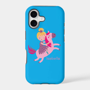 Cute Yellow Haired Girl Riding on a Unicorn
