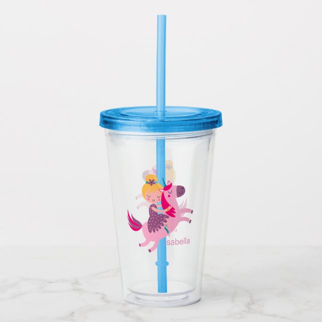 Cute Yellow Haired Girl Riding on a Unicorn Acrylic Tumbler (Front)