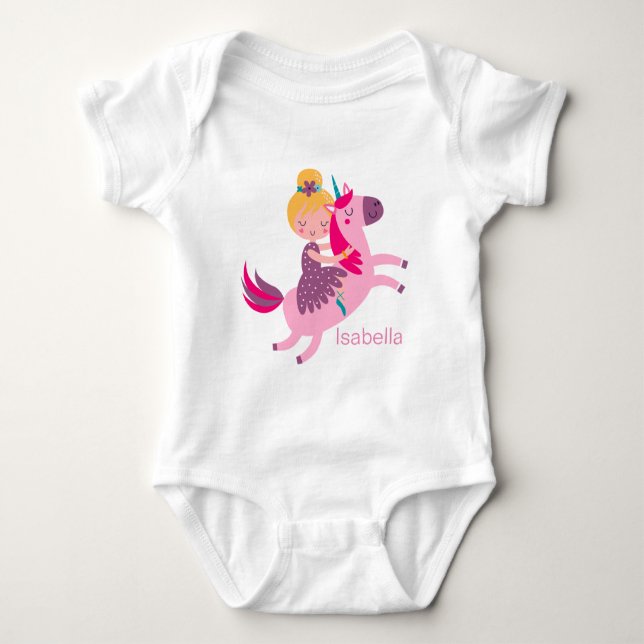 Cute Yellow Haired Girl Riding on a Unicorn Baby Bodysuit (Front)