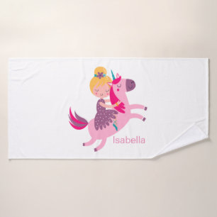 Cute Yellow Haired Girl Riding on a Unicorn Bath Towel