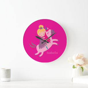 Cute Yellow Haired Girl Riding on a Unicorn Large Clock