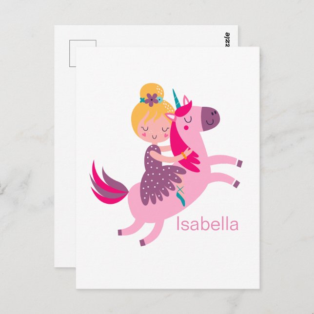 Cute Yellow Haired Girl Riding on a Unicorn Postcard (Front/Back)