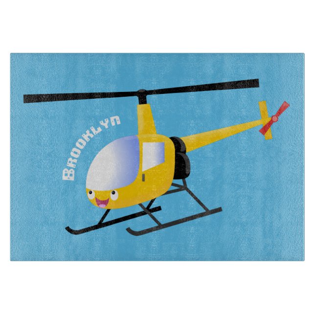Cute yellow happy cartoon helicopter cutting board (Front)