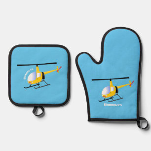 Cute yellow happy cartoon helicopter oven mitt & pot holder set