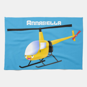 Cute yellow happy cartoon helicopter tea towel