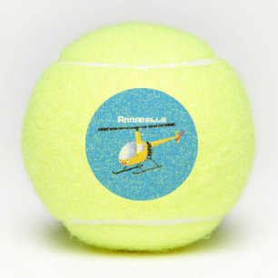 Cute yellow happy cartoon helicopter tennis balls