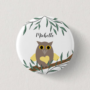 Cute Yellow Heart Owl On Branch Personalised 3 Cm Round Badge