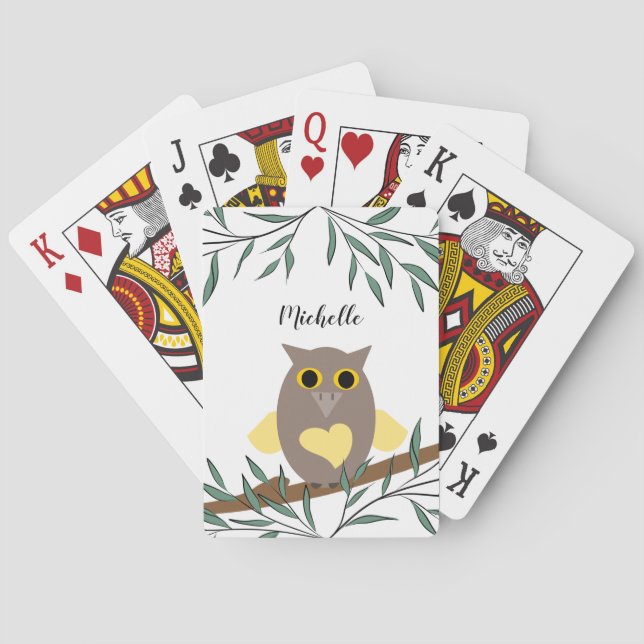 Cute Yellow Heart Owl On Branch Personalised Name  Playing Cards (Back)
