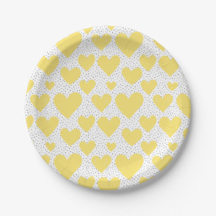 Cute Yellow Hearts and Confetti Pattern Party Paper Plate