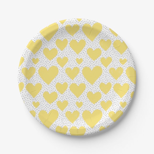 Cute Yellow Hearts and Confetti Pattern Party Paper Plate (Front)