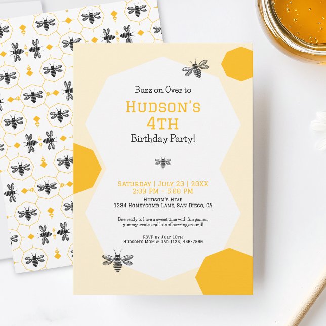Cute Yellow Honeycomb Bee Day Birthday Party Invitation (Cute Yellow Honeycomb Bee Day Birthday Party Invitation)