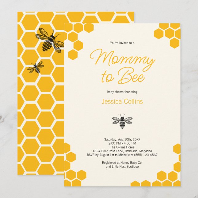 Cute Yellow Honeycomb Mommy to Bee Baby Shower Invitation (Front/Back)