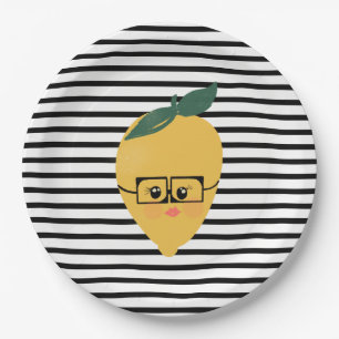 Cute yellow lemon cartoon funny illustration paper plate