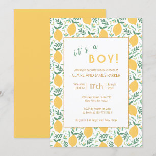 Cute Yellow Lemon Foliage Baby Boy Shower Invitation
