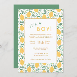 Cute Yellow Lemon Foliage   Baby Boy Shower Invitation