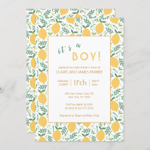 Cute Yellow Lemon Foliage   Boy Baby Shower Invitation
