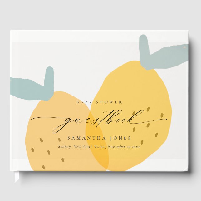 Cute Yellow Lemon Fruity Citrus Baby Shower Guest Book (Front)