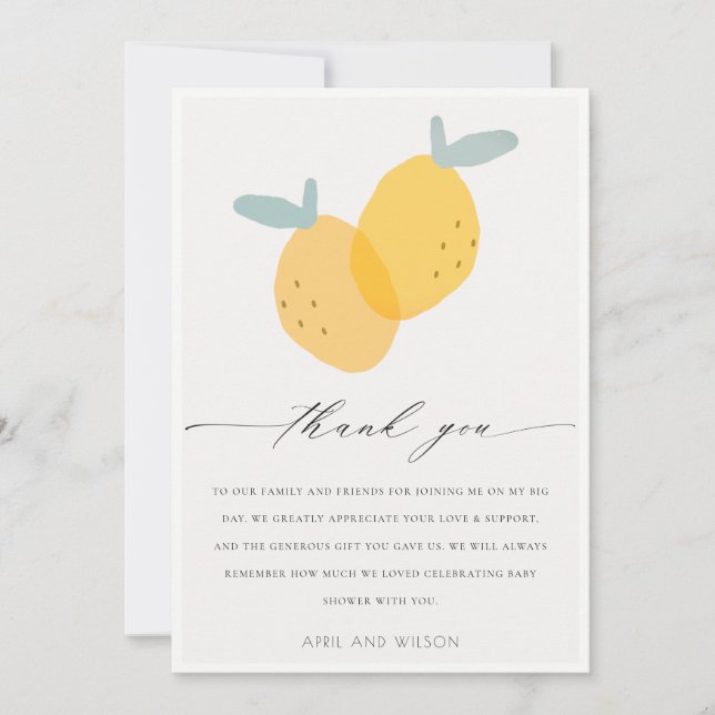 Cute Yellow Lemon Fruity Citrus Bright Baby Shower Thank You Card (Front)