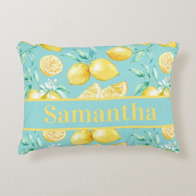 Cute Yellow Lemon Pattern on Light Blue Custom Decorative Cushion (Front)