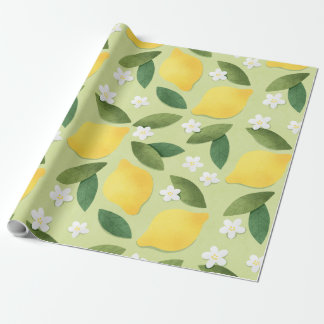 Cute yellow lemons, white flowers and green leaves wrapping paper