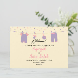 Cute Yellow Muslim Aqiqah Girl Invitation Card